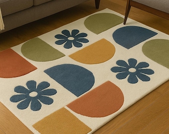 Hand Tufted Wool Rug: Retro Floral Geometric, Mid Century Modern