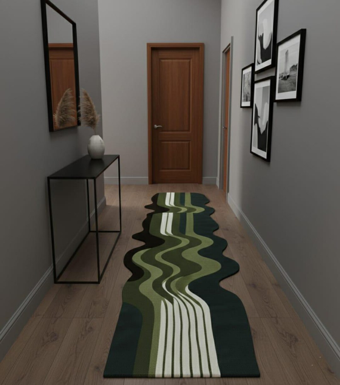 Unique Runner Rugs Handmade Wool Runner Rug – Modern Green & Black Wavy Design - Etsy