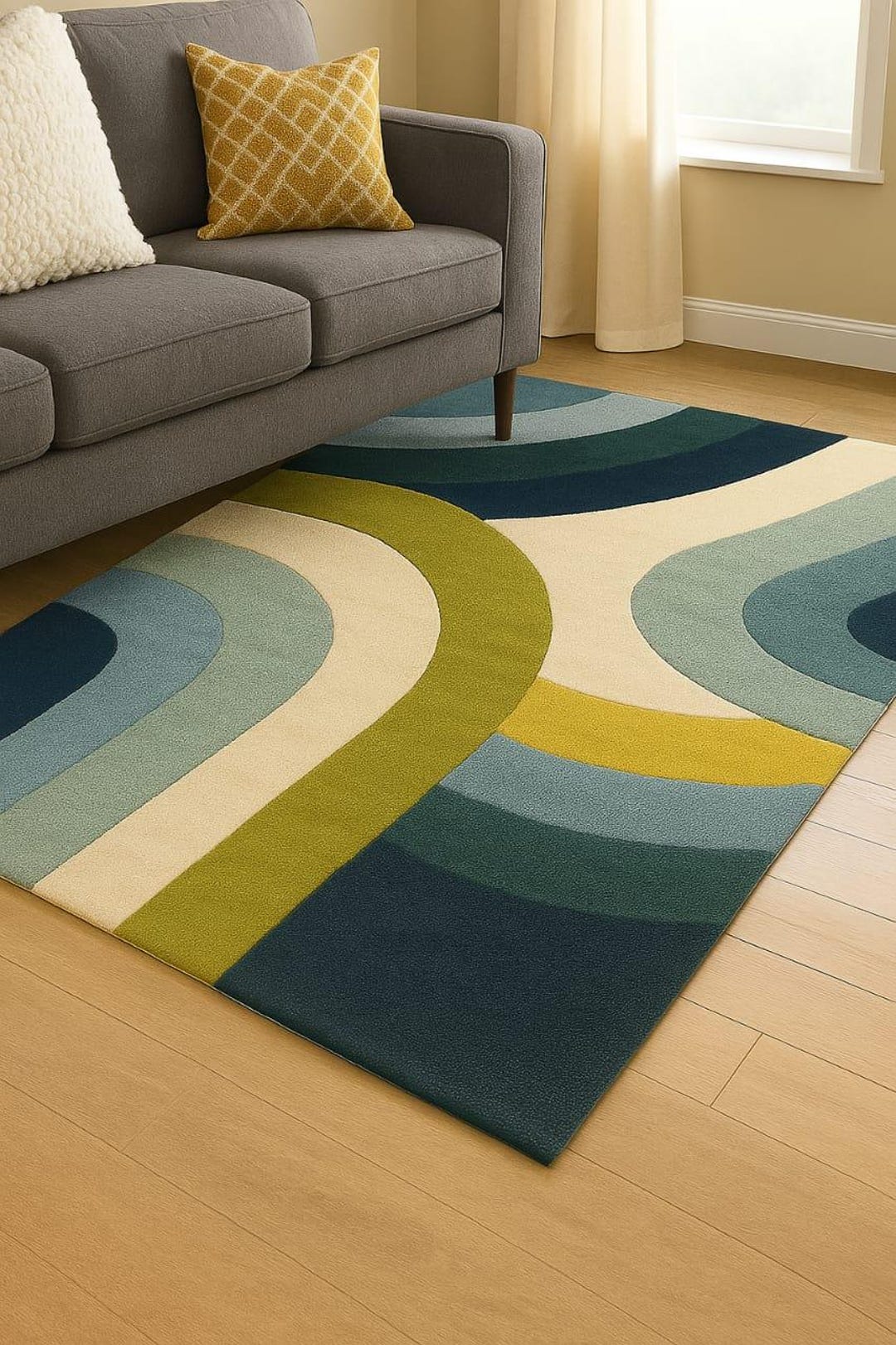 Mid Century Modern Rug | Abstract Curved Pattern in Teal, Olive & White ...