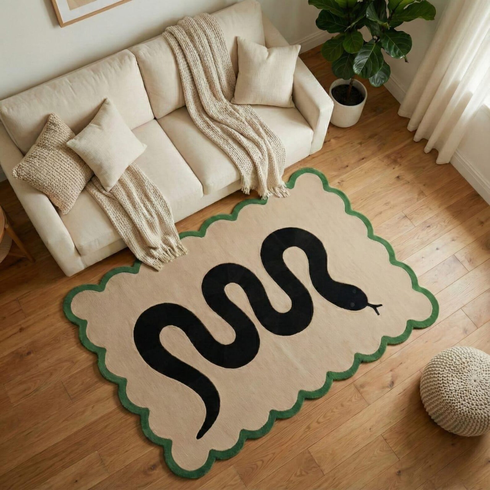 Handmade Snake Rug | Black and Beige Tufted Animal Design Carpet ...
