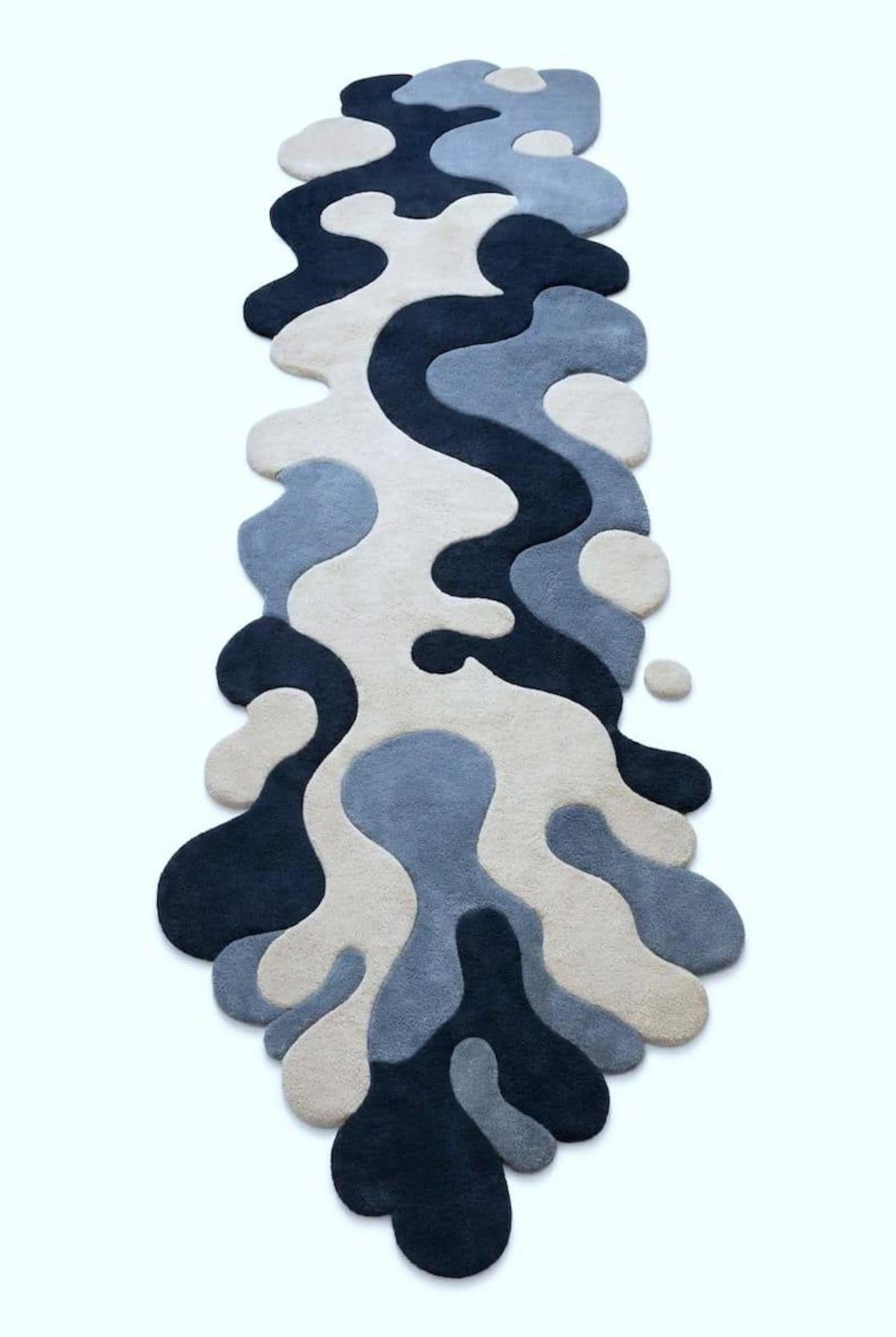 Abstract Wavy Runner Rug: Modern Blue Beige Plush Hallway Carpet ...