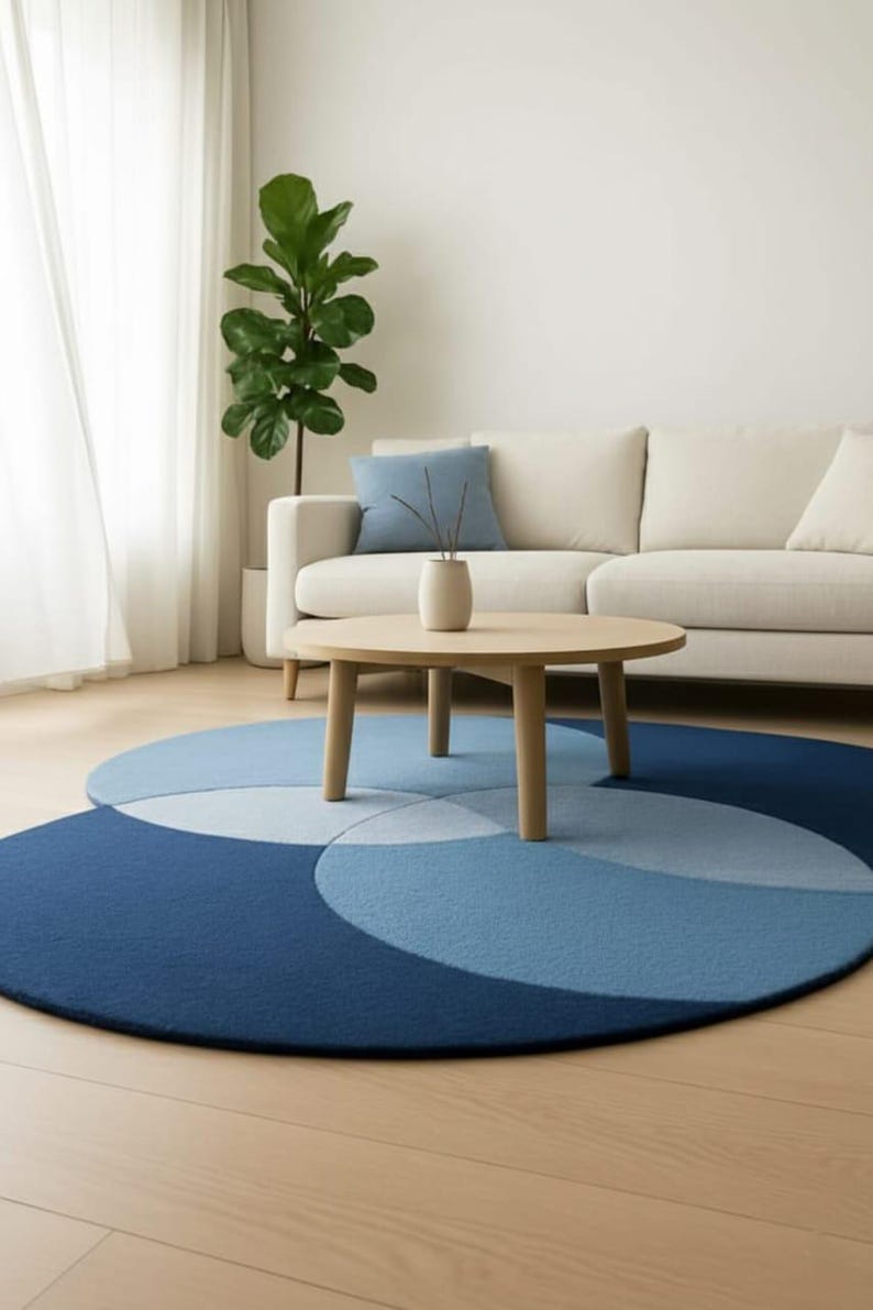 Modern Blue Circle Rug – Overlapping Round Geometric Carpet for Living ...