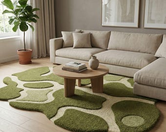 Hand-Tufted Wool Rug | Irregular Green Blob Shape, Modern Shaggy Carpet
