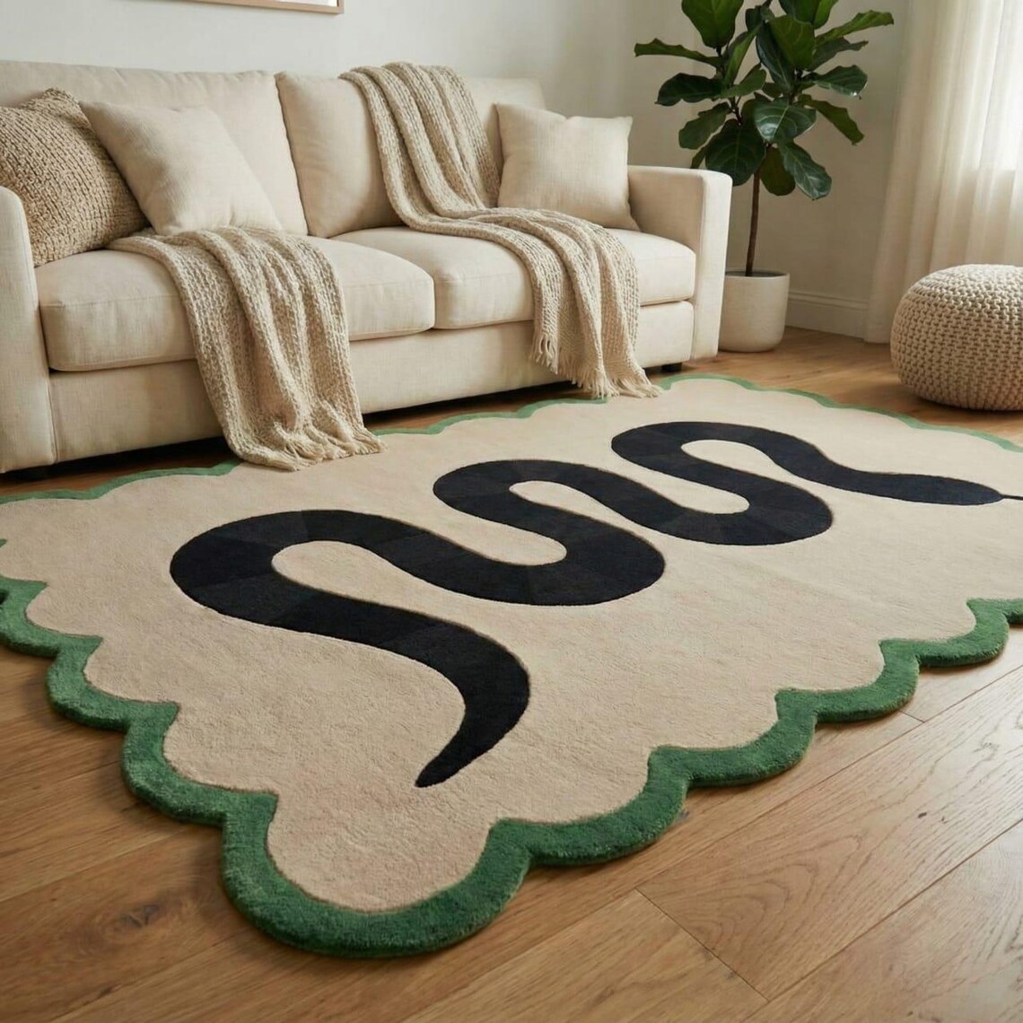 Handmade Snake Rug | Black and Beige Tufted Animal Design Carpet ...