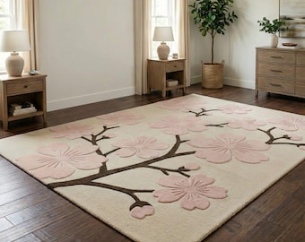 Blush Cherry Blossom Area Rug – Floral Japanese Sakura Rug, Neutral Decor