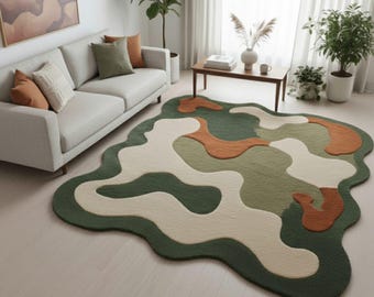 Modern Abstract Wavy Area Rug – Green, Beige & Rust Organic Pattern