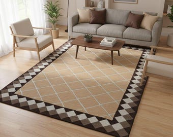Modern Geometric Area Rug | Diamond Pattern Carpet | Beige and Brown Handmade Wool Rug