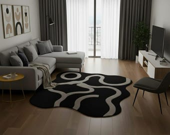 Irregular Abstract Tufted Rug – Black and Cream, Handmade