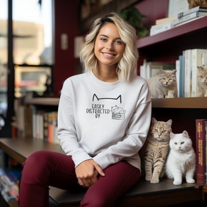 Embroidered Cat Sweatshirt Easily Distracted by Cats and Books Crewneck I'd Rather Be Reading With My Cat Mom Crewneck Cat Sweater for Women