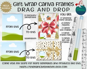 Christmas Gift Wrap Mockup BUNDLE, Gift Box Frames, Gift Tags, Wrapping Paper and Rolls, Bows and Ribbons, Mockup or Background, CANVA