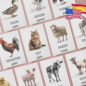 FARM ANIMALS (Spanish) 16 Custom Montessori Cards Real Pictures Multilingual Printable, Spanish Homeschool Activity Bilingual Spanish School