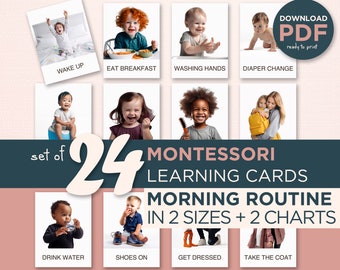 Montessori MORNING ROUTINE Flashcard, TABELLA delle cose da fare, Programma per bambini, Elenco dei compiti per i più piccoli, Programma scolastico, Stampa di schede flash visive giornaliere