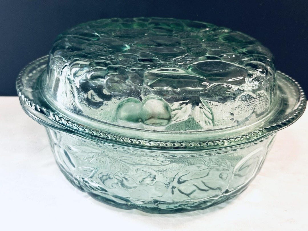 Vtg Libbey Orchard Fruit Green Glass QT Casserole Baking Dish