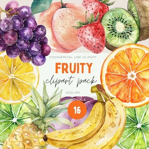 Aquarell Sommerfrüchte Clipart-Pack, Beere erster Geburtstag, kommerzielle Nutzung transparente PNGs, tropische Beeren, Banane, Apfel, Zitrus Bündel