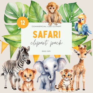Watercolor Safari Animals Clipart Bundle, Jungle Safari Clipart, Wild One Clipart, Commercial Use Transparent PNG, Elephant, Lion, Monkey