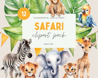 Watercolor Safari Animals Clipart Bundle, Transparent PNG (Commercial Use)