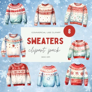 Ugly Christmas Sweaters Clipart Pack, Watercolor Festive Clipart, Xmas Themed Bundle, Transparent PNG, Commercial Use, Christmas Jumper