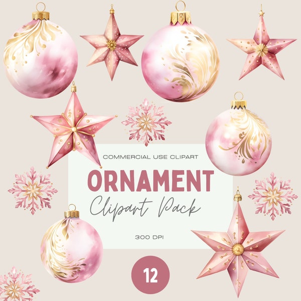 Elegant Ornament Clipart, Clipart for Commercial Use, Transparent PNGs, Christmas Theme Clipart, Pink Christmas Bauble Clipart, Pink & Gold