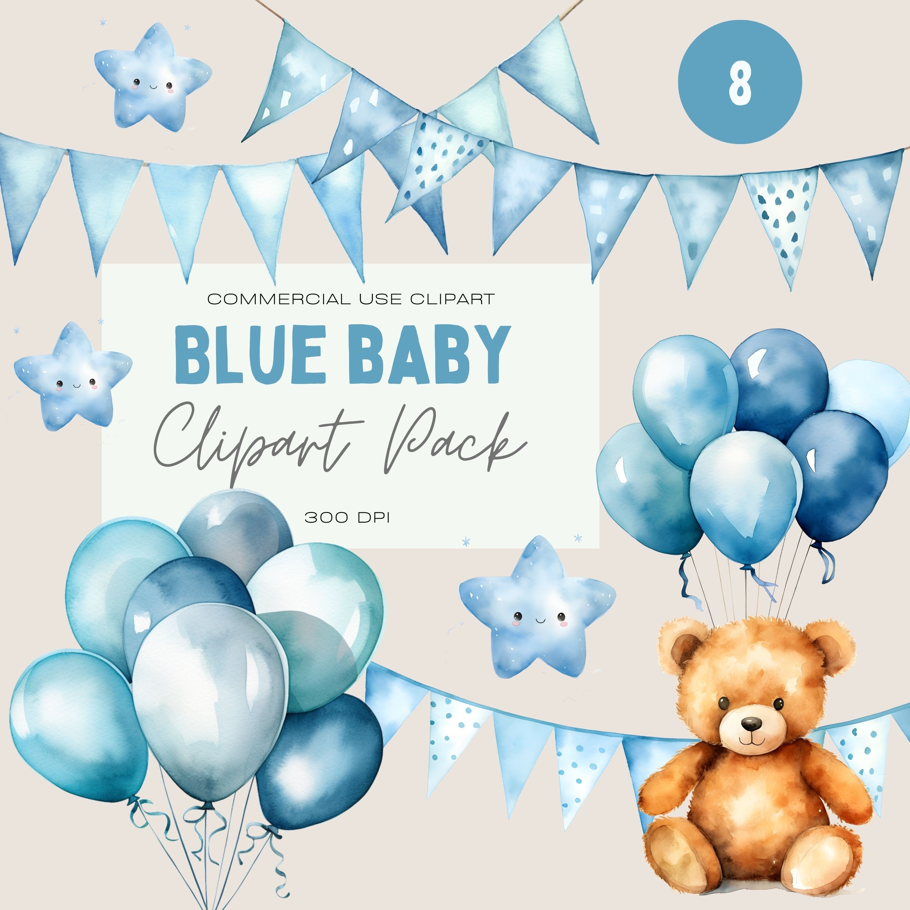 Watercolor Blue Baby Shower Clipart Bundle, Transparent Pngs ...