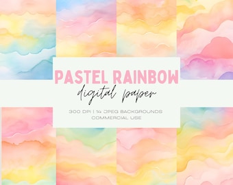 Watercolor Pastel Rainbow Paper, Scrapbook Backgrounds (JPEG Digital Download)