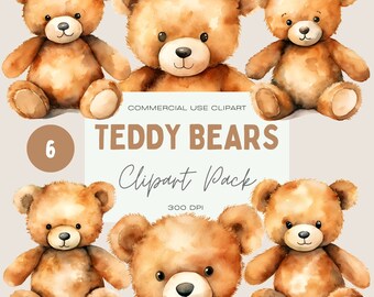 Watercolor Teddy Bear Clipart, Commercial Use PNGs, Nursery Decor (Digital Download)