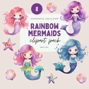 Pack de cliparts aquarelle sirène, petite sirène arc-en-ciel, usage commercial PNGs transparents, sirène rose, lot sous la mer, étoile de mer, coquillages