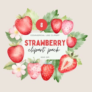 Pacote de clipart de morango em aquarela, primeiro aniversário de baga, PNGs transparentes para uso comercial, frutas fofas de verão, flor de morango, fruta png