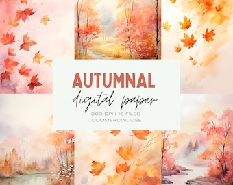 Watercolor Fall Digital Paper, Autumn Texture Backgrounds (Instant Download)