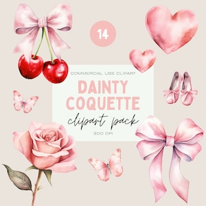 Coquette Clipart Pack, zierlicher Ballettkern, kommerzielle Nutzung, pastellrosa Rosen und Schleifen, Kokette Kirsche Schleife, Girly Wandkunst Grafiken, Herzen