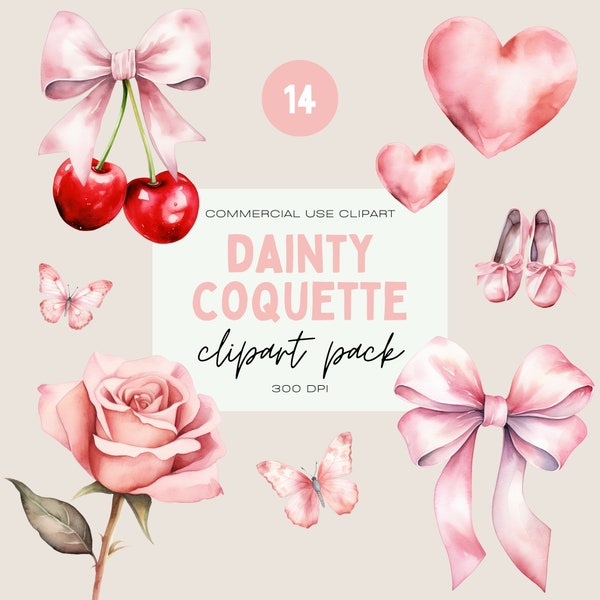 Coquette Clipart Pack, Dainty Ballet Core, Commercial Use, Pastel Pink Roses and Bows, Coquette Cherry Bow, Girly Wall Art Graphics, Hearts