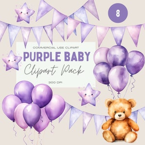 Purple Baby Shower Clipart Bundle Watercolor, Clipart for Commercial Use, Transparent PNGs, Girls Birthday Party, Party Invitation, Balloons