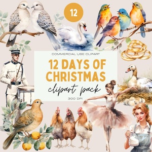 Pacote de clipart em aquarela de 12 dias de Natal, PNG transparente, clipart com tema de Natal, uso comercial, download religioso de Natal