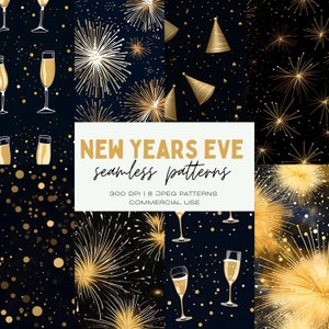 Pack de modèles sans couture du réveillon du Nouvel An, arrière-plans NYE, JPEG à usage commercial, emballage cadeau, papier scrapbook numérique, pages de journal indésirable, année 2024