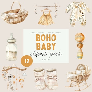 Boho baby clipart pack, baby onderweg, commercieel gebruik transparante png's, aquarel kinderkamer clipart bundel, baby shower uitnodiging clipart
