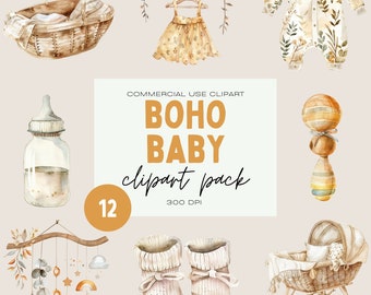Boho Baby Clipart Pack: Watercolor Nursery PNGs (Commercial Use)