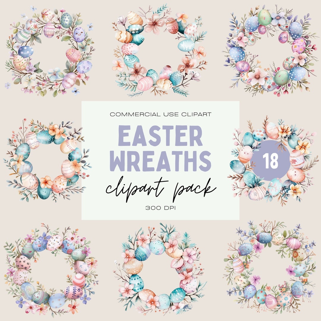 Watercolor Easter Wreath Clipart: Pastel Floral Egg PNG Bundle ...
