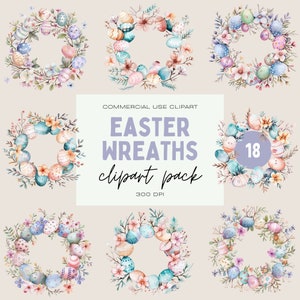 Easter Wreaths Clipart Pack, Watercolor Pastel Floral Easter Egg Wreath, Commercial Use Transparent PNG Clipart Bundle, Easter Decor Graphic