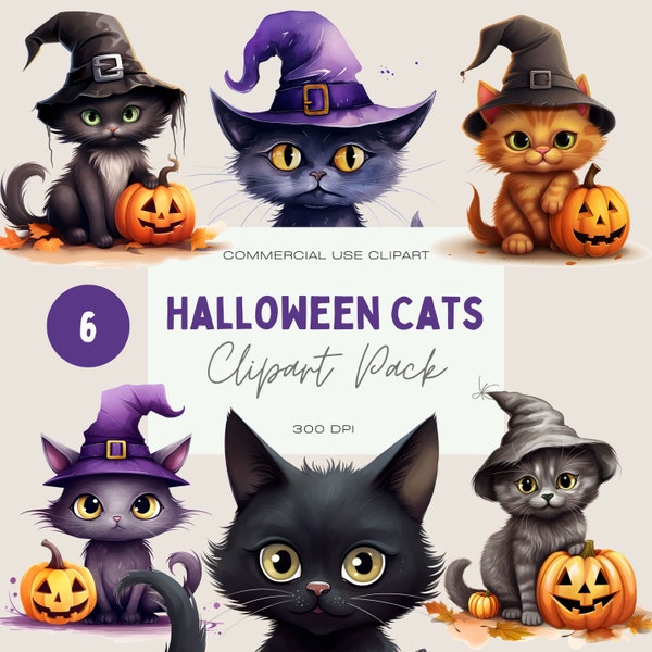Cute Halloween Cat Clipart, Halloween Clipart Watercolor, Commercial Use Clipart, Transparent PNG, Teacher Halloween Clipart, Kitten Clipart