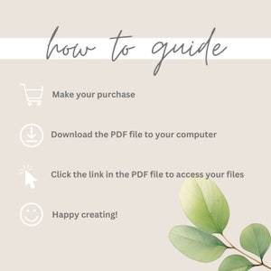 Puede incluir: Una gu&iacute;a pr&aacute;ctica con cuatro pasos: realizar una compra, descargar un archivo PDF, hacer clic en un enlace en el archivo PDF y feliz creaci&oacute;n. La gu&iacute;a est&aacute; ilustrada con iconos y una rama verde frondosa.