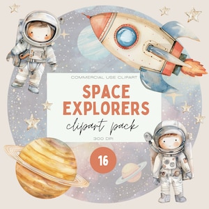 Bundle de cliparts espace aquarelle, astronaute fusée PNGs transparents, usage commercial, étoiles, planètes, galaxie, soleil, lune vaisseau spatial aquarelle