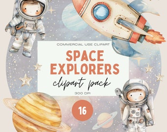 Watercolor Space Clipart Bundle: Astronaut, Rocket PNGs (Commercial Use)