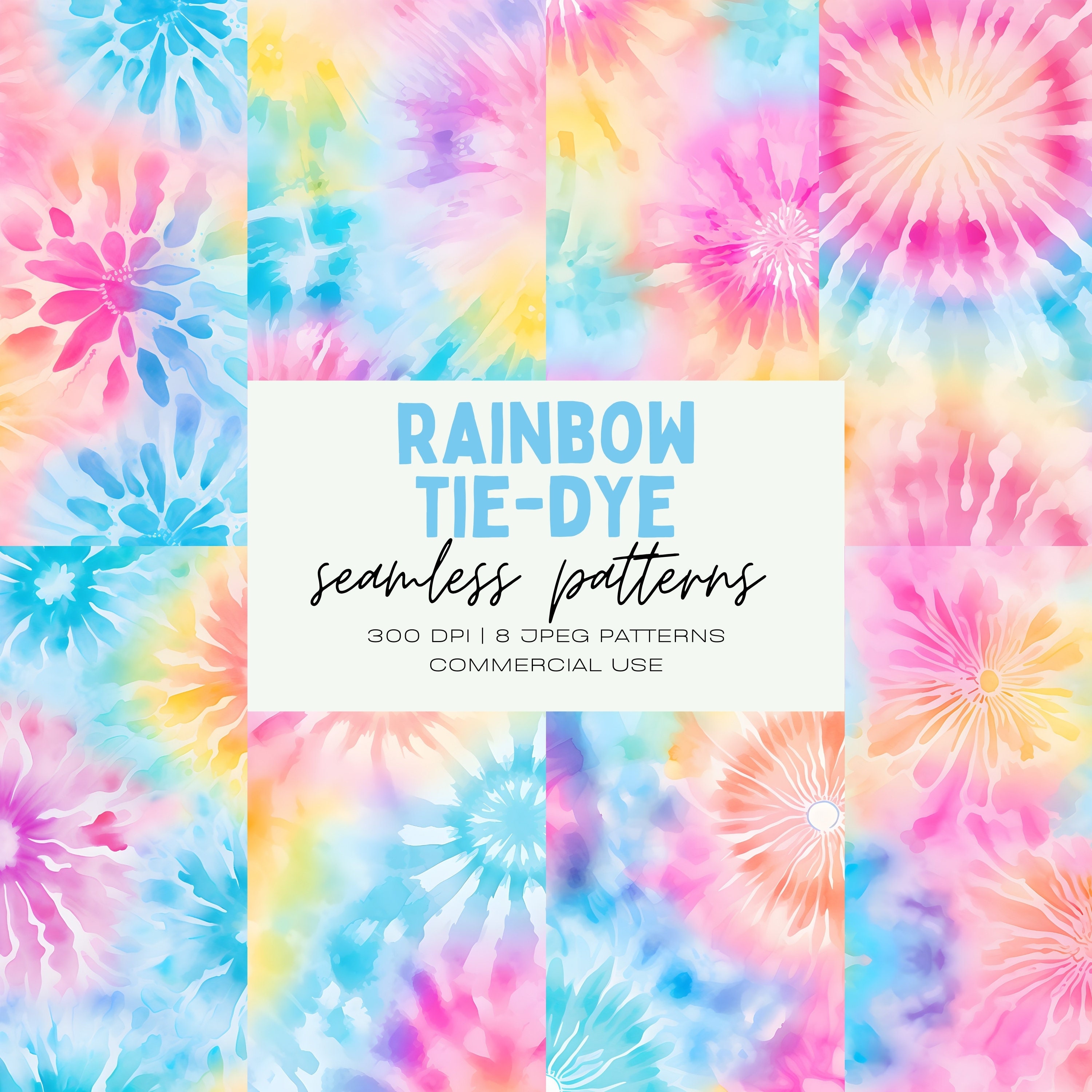 Rainbow Tie-Dye Seamless Patterns, Bright Pastel Backgrounds, Commercial Use JPEG, Gift Wrap, Digital Scrapbook Paper, Junk Journal Pages