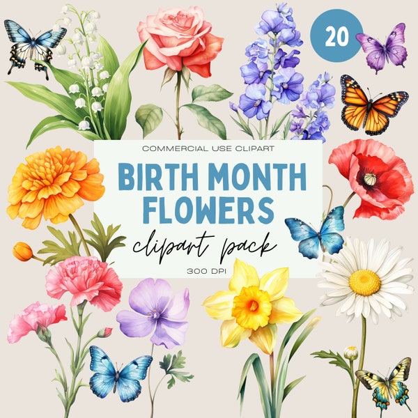 Birth Month Flowers Clipart Pack, Commercial Use, Custom Birth Month Flower DIY Graphics, Transparent PNGs, Antique Floral PNG, Watercolor