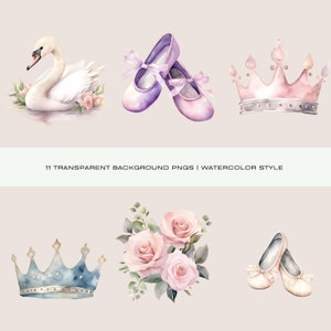 Puede incluir: Un conjunto de ilustraciones de acuarela que representan un cisne, un ramo de rosas rosas, dos pares de zapatillas de ballet y dos coronas. Las coronas son una rosa y otra azul con detalles plateados. Las ilustraciones est&aacute;n sobre un fondo blanco.