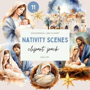 Pakiet akwarelowych scen narodzenia, pakiet clipartów narodzenia Bożego Narodzenia, wykorzystanie komercyjne, Dzieciątko Jezus, grafiki religijne, przezroczyste pliki PNG, Maryja