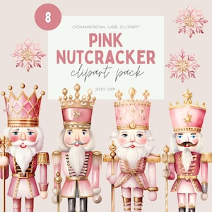 Paquete de imágenes prediseñadas de cascanueces de Navidad rosa, gráficos festivos de acuarela, imágenes prediseñadas con temática navideña, PNG transparentes, uso comercial, copos de nieve