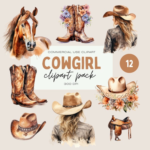 Cowgirl Clipart Pack, Commercial Use Transparent PNG, Watercolor Floral Country Western Graphics, Rodeo Clipart Bundle, Cowboy Hat & Boots