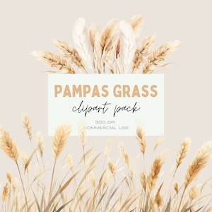 Pampas Grass Clipart Pack, Commercial Use Boho Bundle, Couronne neutre, PNG transparents, Botaniques de mariage d’été, Fleurs séchées naturelles