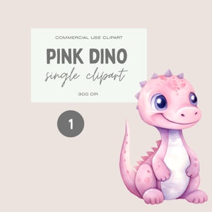 Clipart de aquarela Dino rosa, arquivo de imagem única, PNG transparente, pacote de uso comercial, gráfico de dinossauro fofo para menina, clipart feminino de T-Rex