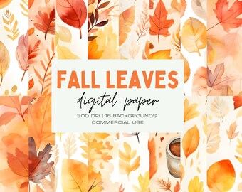Watercolor Fall Leaves Digital Paper, Autumn Scrapbook Backgrounds (Digital Download)